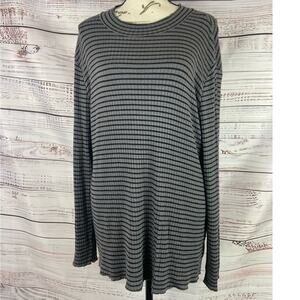 Tahari Striped Rib Knit Shirt Women L Crew Neck Long Sleeves Stretch Gray Black